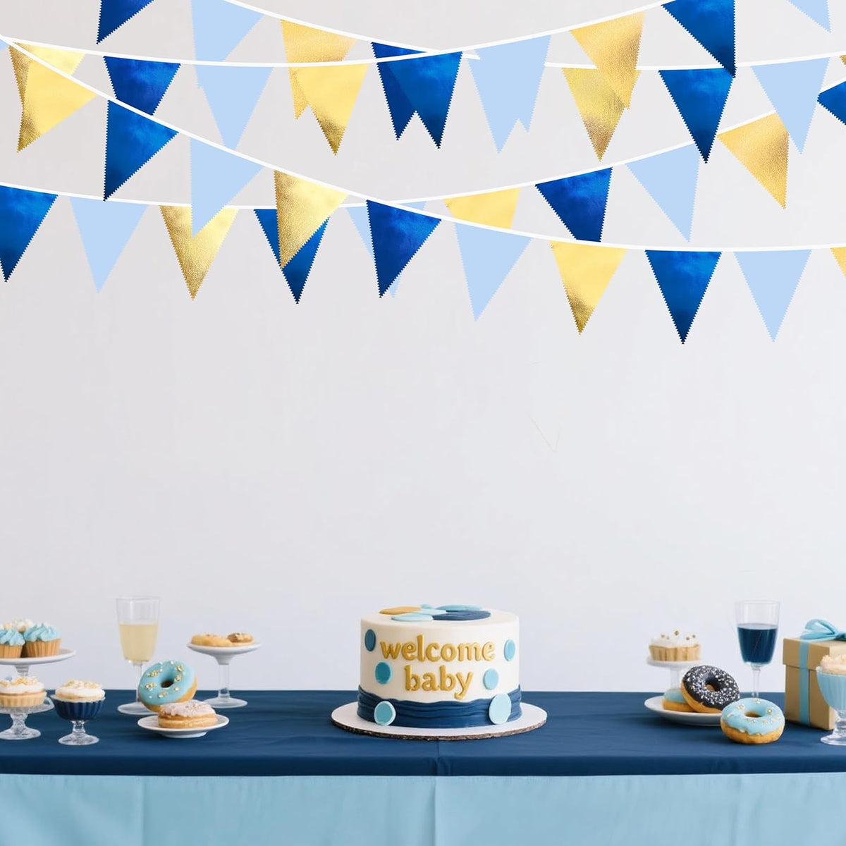 Gold Blue Party Decoration Gradient Blue and Gold Triangle Pennant Banner Flag Metallic Fabric