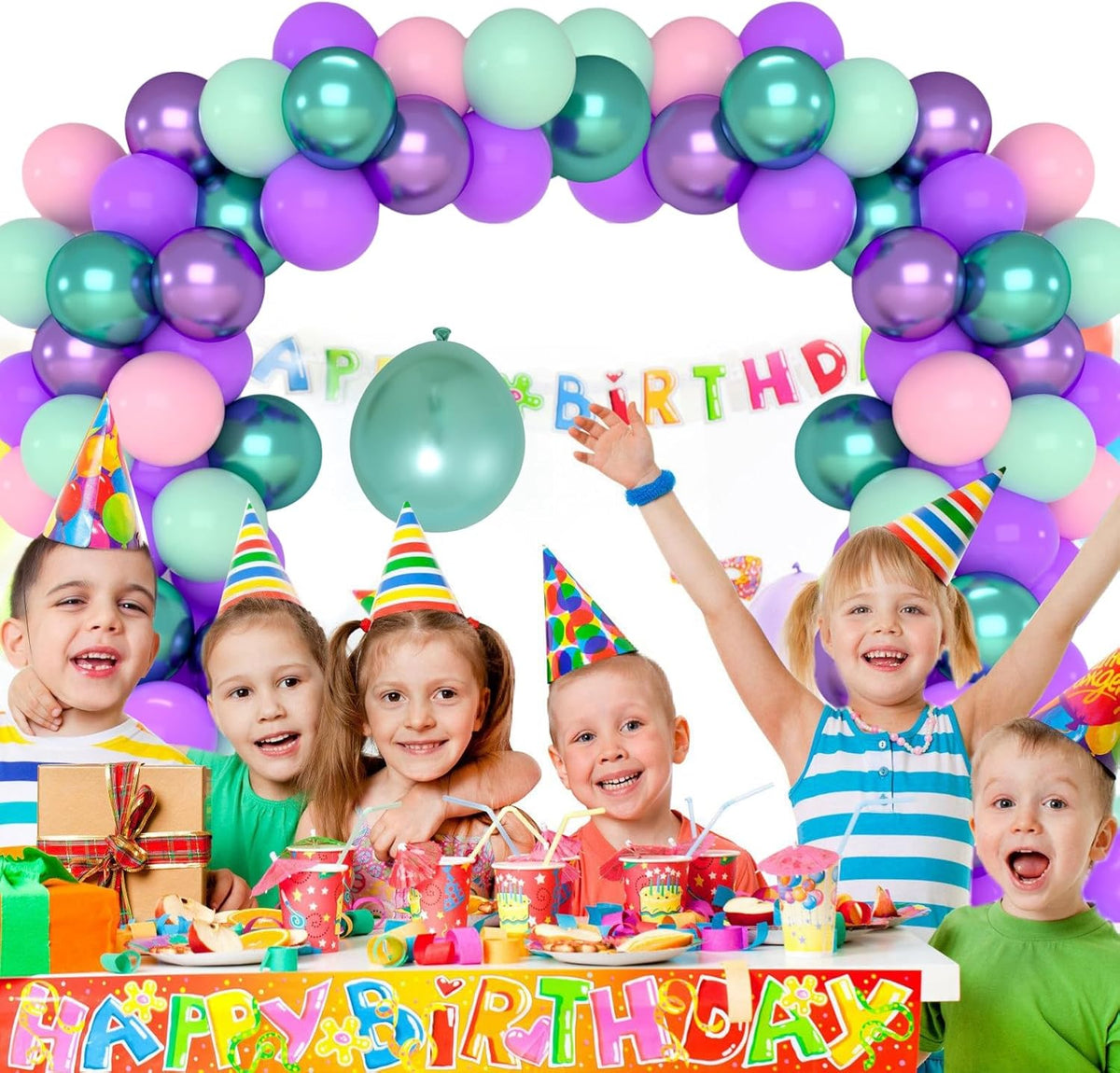 Patimate Mermaid Party Balloons Set, 50 pcs 12 inch Pastel Purple Pink Green Metallic Purple Green
