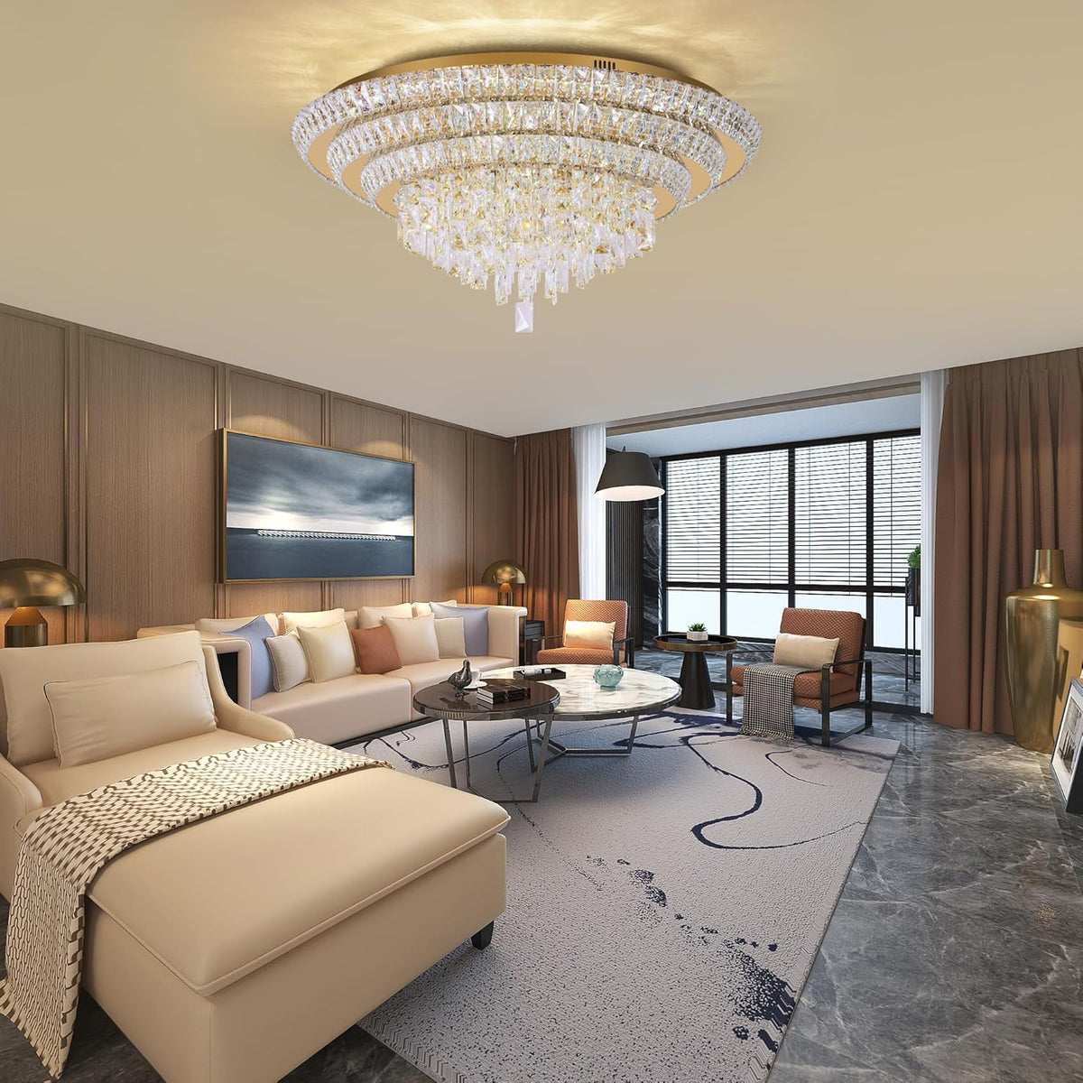 30 inch Crystal Gold Ceiling-Light Flush Mount with Remote Control and APP, 3CCT Dimmable &