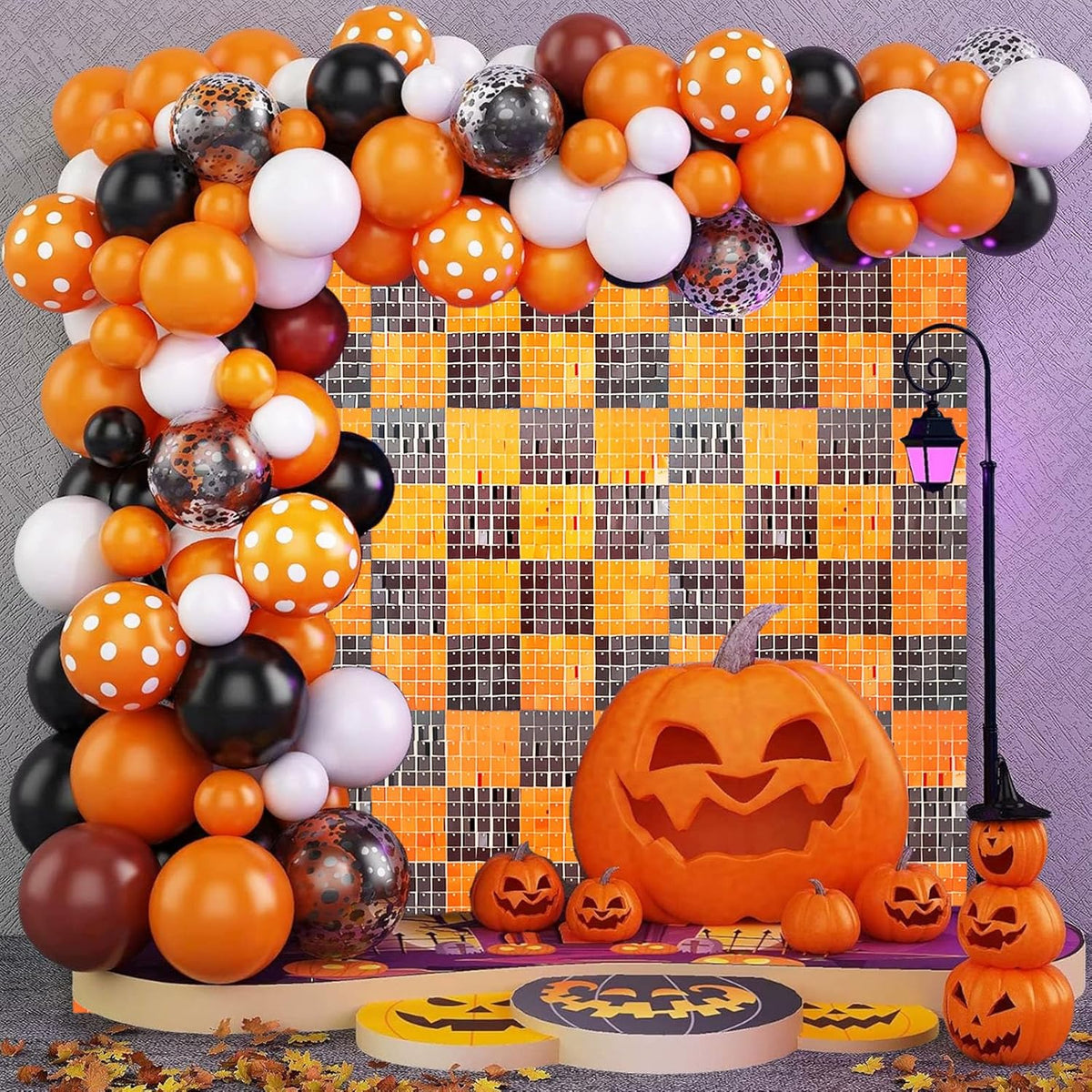 12PCS Black Orange Shimmer Wall Backdrop, Square Sequin Photo Backdrops Panel, Glitter Wall