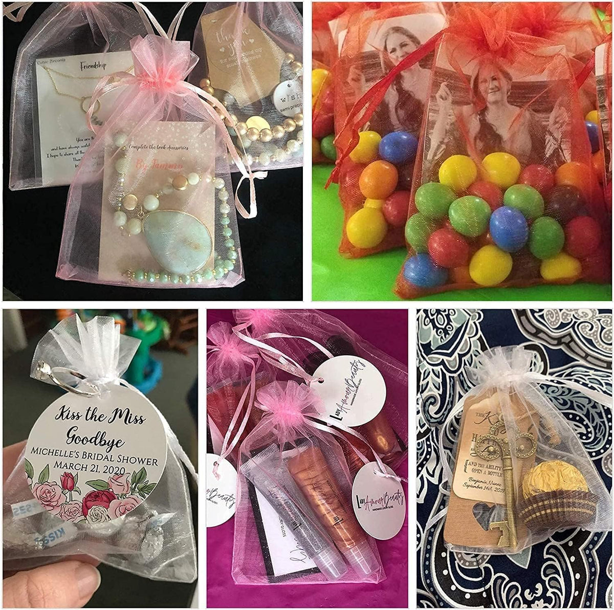 ANZNKU 50 Pack Hot Pink Organza Bags 4 x 6 inch Premium Sheer Drawstring Small Mesh Bags for Candy
