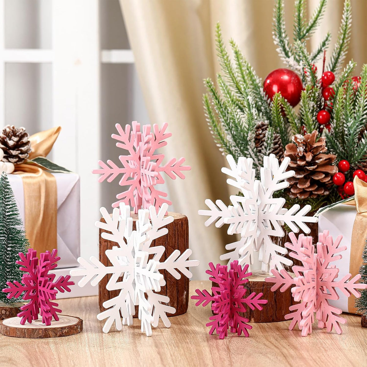 Bucherry 12 Pcs Wooden Snowflake Table Decor 3D Snowflake Tabletop Signs and Centerpiece for