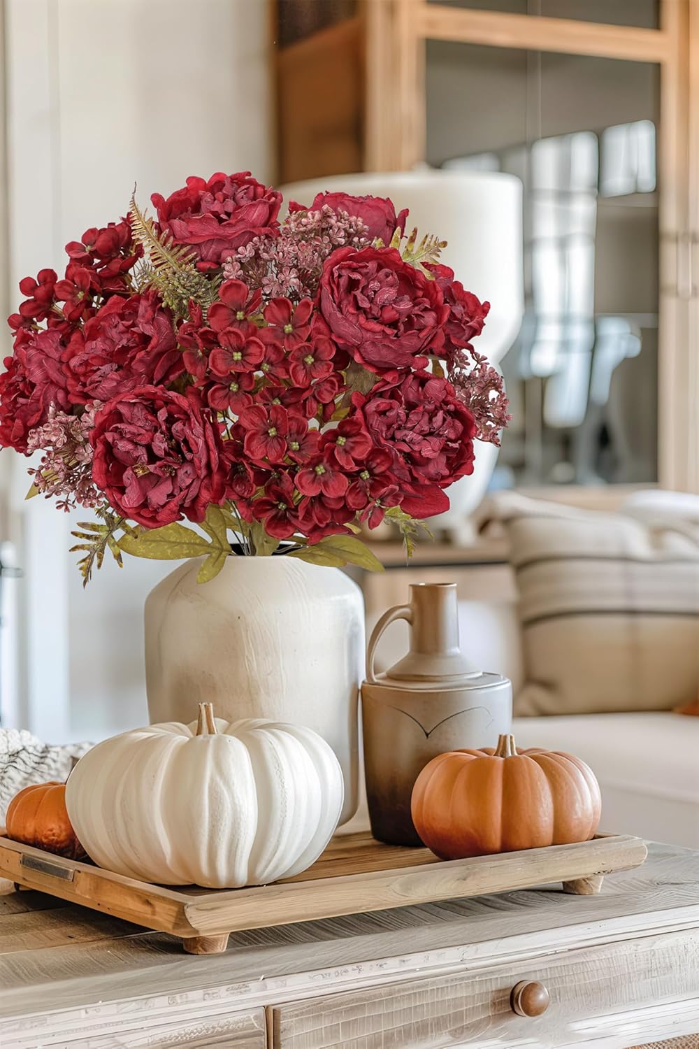 Hollyone 2 Bundles Artificial Fall Flowers Bouquet 18.8" Red Peony Hydrangea Fake Fall Floral Silk