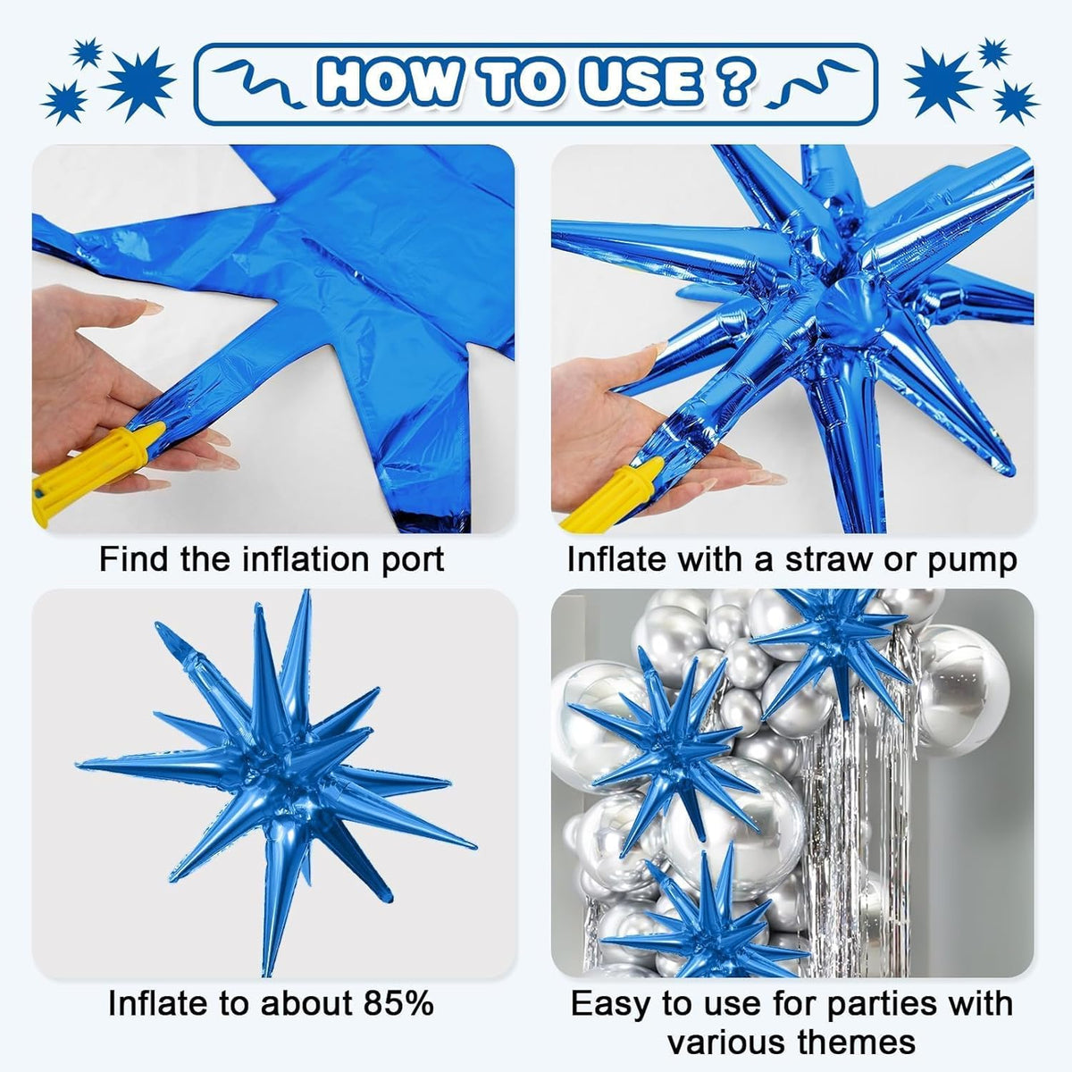 Black Blue Silver Star Balloons,9Pcs 22Inch Black Blue Silver Explosion Spike Cone Helium Polyester