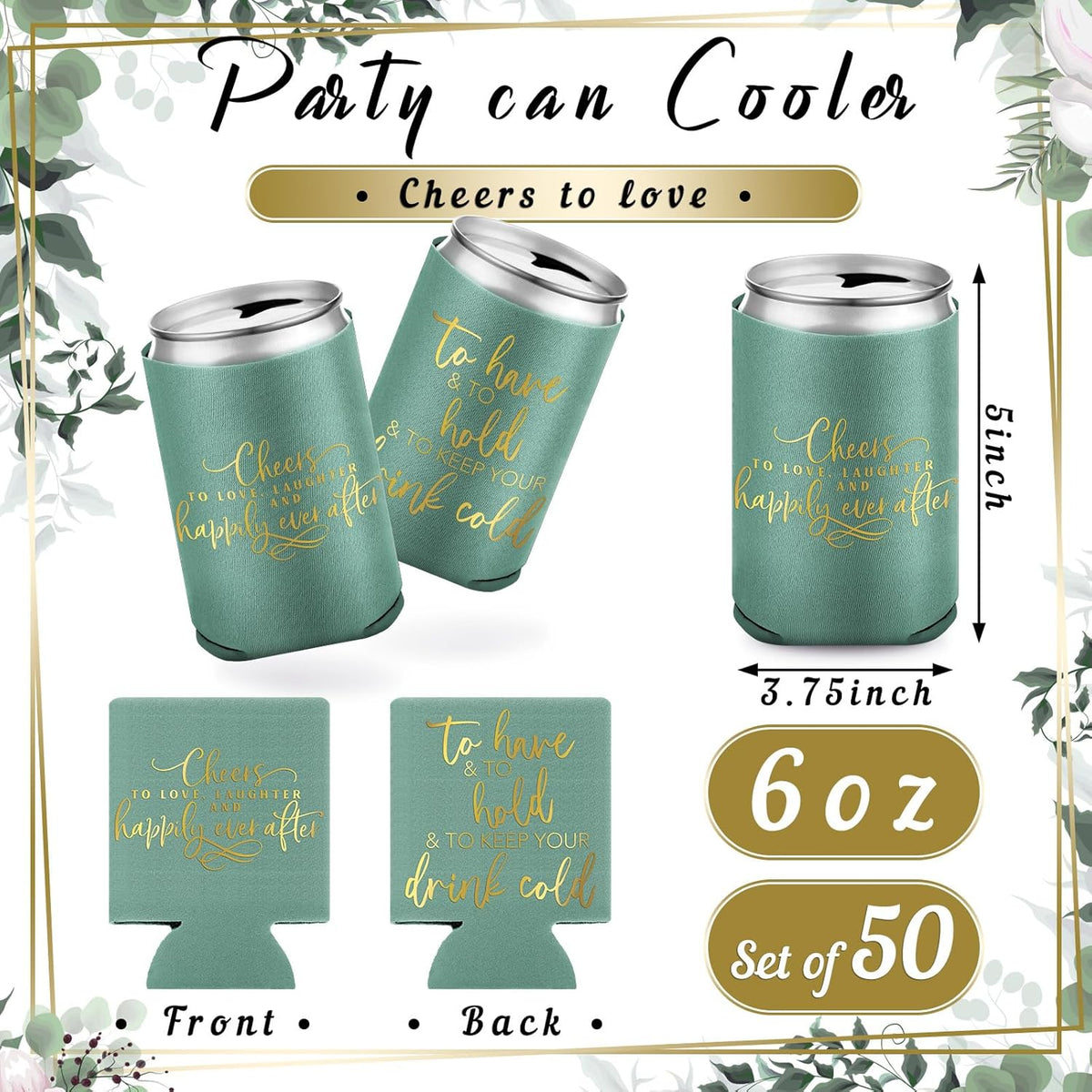 50 Pieces Green Wedding Can Cooler Bulk Engagement Party Favors for Guests Cheers to Love Laughter