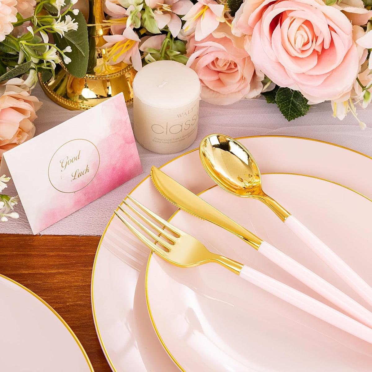 Liacere 150PCS Plastic Plates-Gold Plastic Silverware with Pink Handle - Pink Disposable Plates