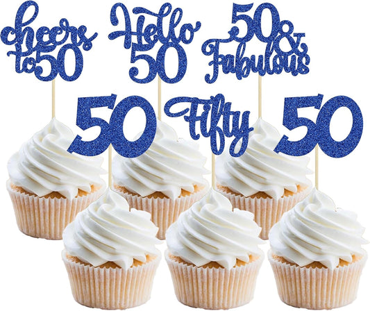 30Pcs Happy 50th Birthday Cupcake Toppers Deep Blue Glitter Fifty Cheers to 50 Years Old Birthday