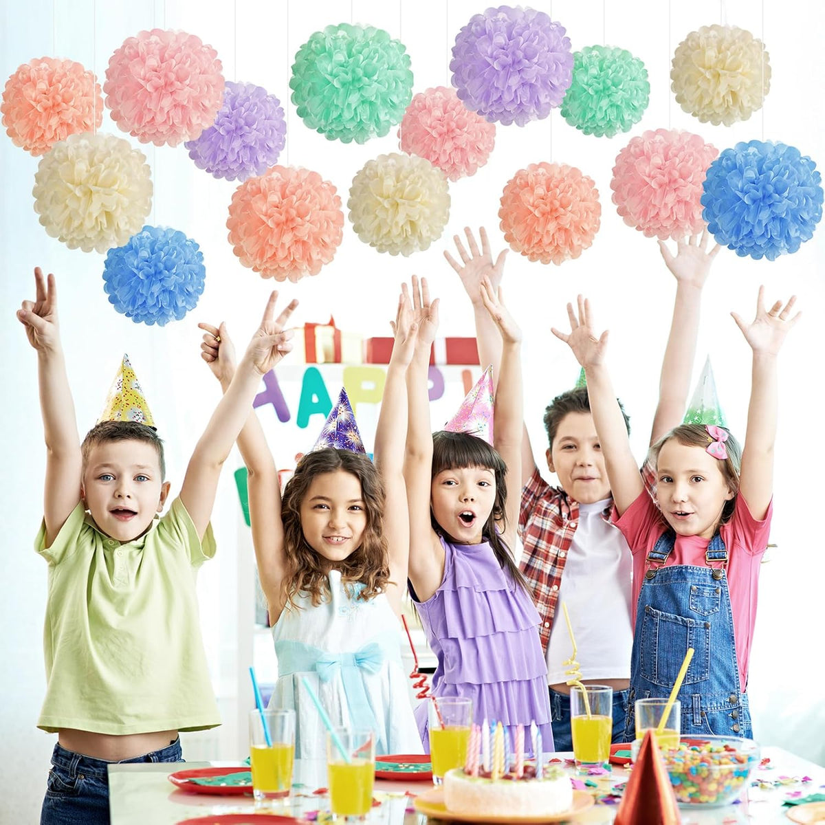 EASY JOY 15PCS Pastel Paper Tissue Pom Poms Decoration Macaron Rainbow Candy Ice Cream Easter