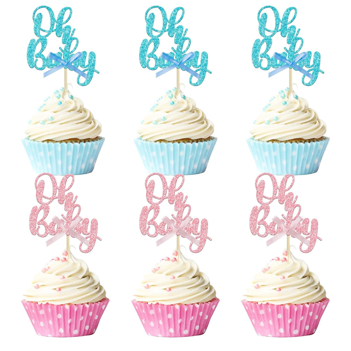 Gyufise 36Pcs Oh Baby Cupcake Toppers Pink Blue Bow Glitter Baby Shower Gender Reveal Cupcake Picks