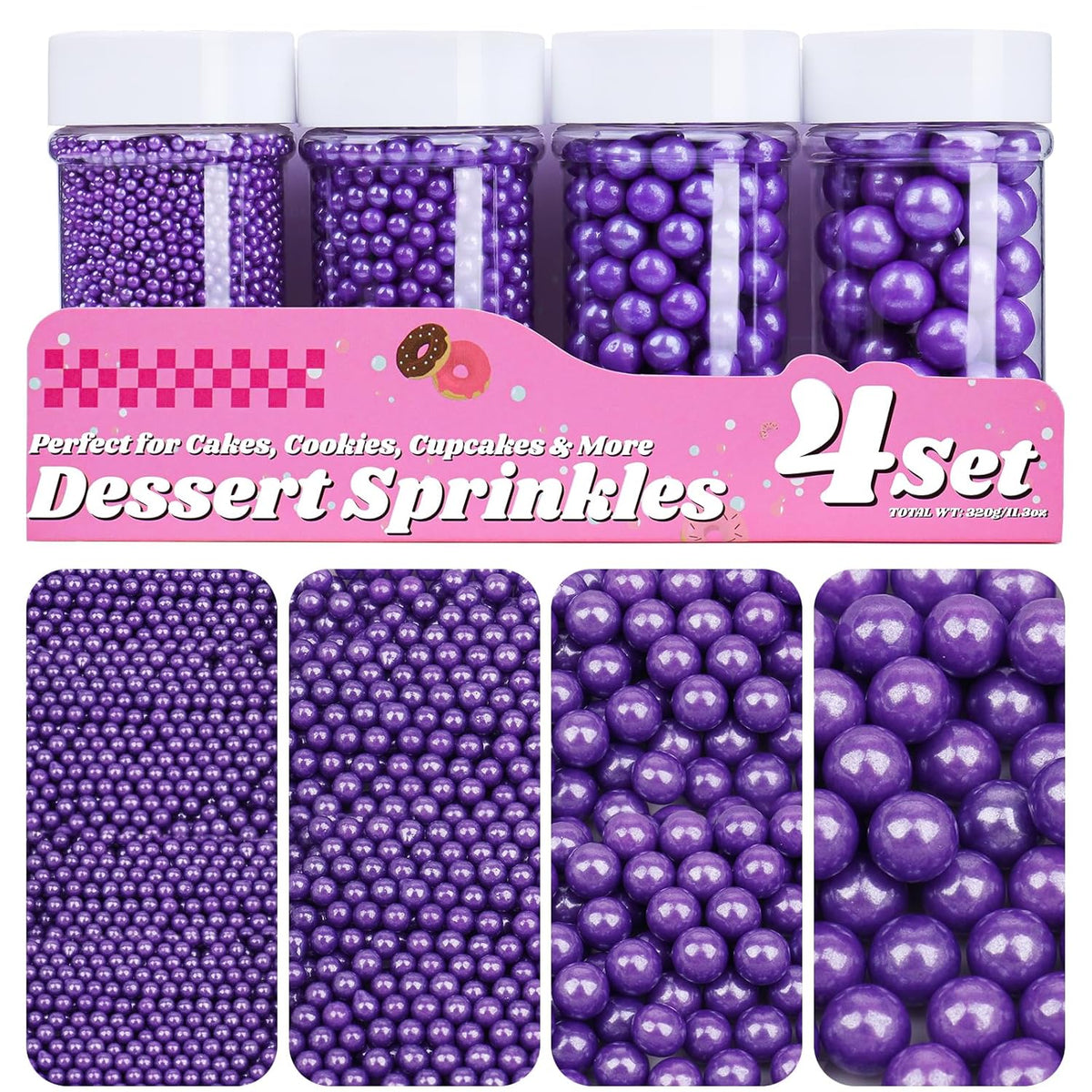 Purple Pearl Sprinkles for Cake Decorating, 11.3 Oz Edible Pearls Sugar 4 Sizes Gift Box Set for