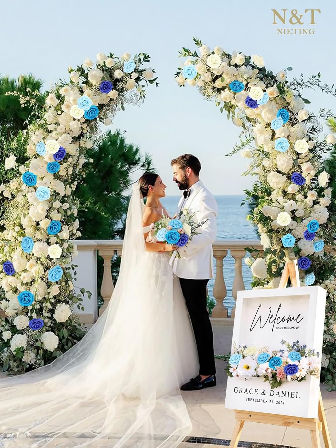 N&T NIETING Blue Roses Artificial Flowers, 50pcs Fake Flowers Rose Perfect for DIY Wedding