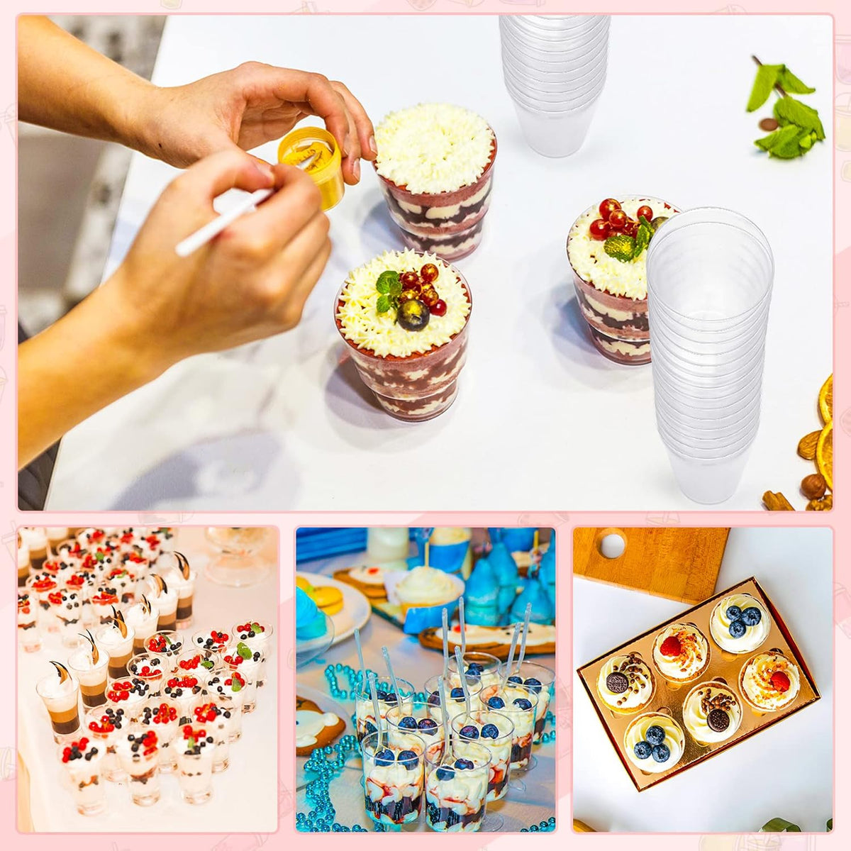 CHENGU 3 oz Clear Plastic Mini Dessert Cups with Spoons - Round Parfait Appetizer Cups, Shot