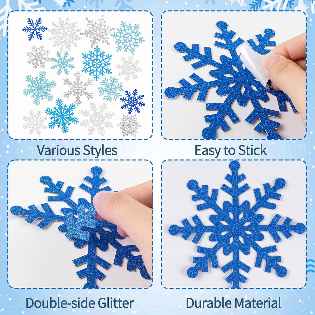 Winter Snowflake Cutouts Glitter Paper Decorations - 50Pcs Blue and Silver Double-Side Christmas