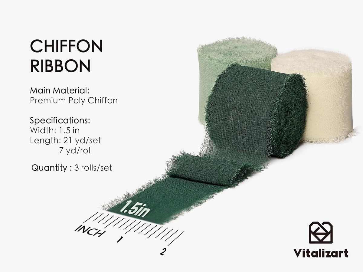 Vitalizart Handmade Chiffon Silk Ribbon Fringe Green & Cream 1.5" x 21 Yd Frayed Edges Ribbons for