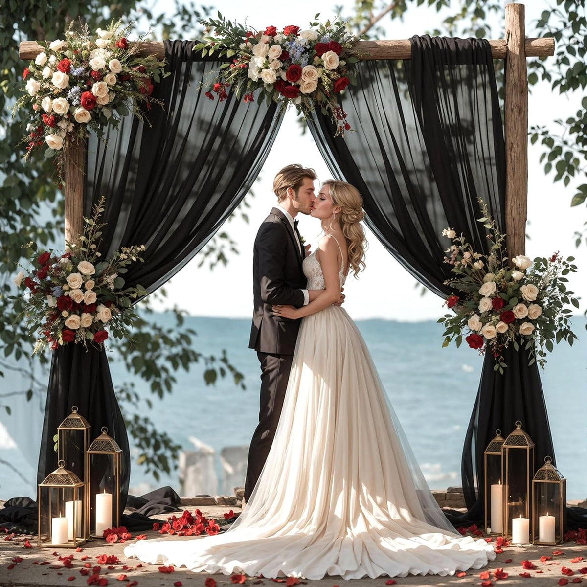 Wedding Arch Draping Fabric,2 Panels 18FT Black Sheer Chiffon Curtain Drapes 6 Yards for Wedding