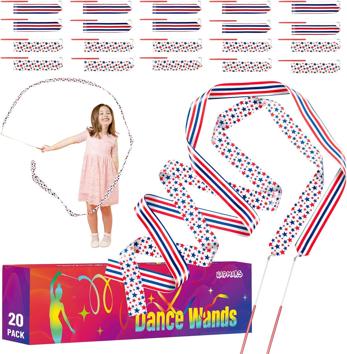 20 Pack Ribbon Dancer Wands for Patriotic Party Favors Supplies, Dancing Ribbon Stars and Stripes