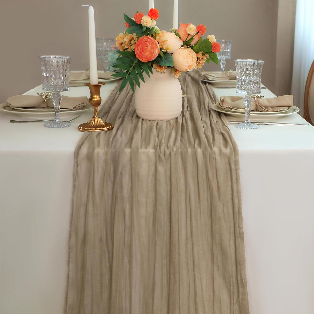 Snowkingdom 10 FT Nude Brown Cheesecloth Table Runner, 120 inch Long Cheese Cloth Boho Rustic Gauze