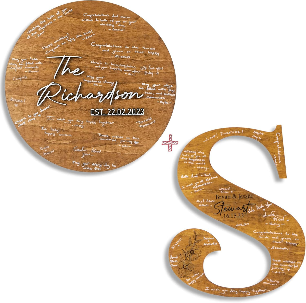 Wedding Guestbook Sign for Couple - Personalized Round Wooden Sign with Initial Letter, Rustic