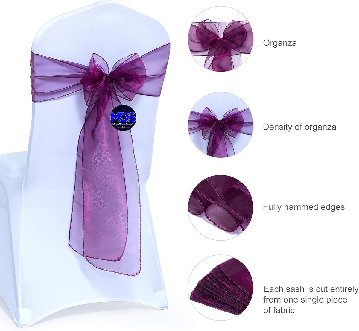 MDS Pack of 150 PCS Organza Chair Sashes Wider Dining Chair Bows Ribbon Tie Back for Wedding Party