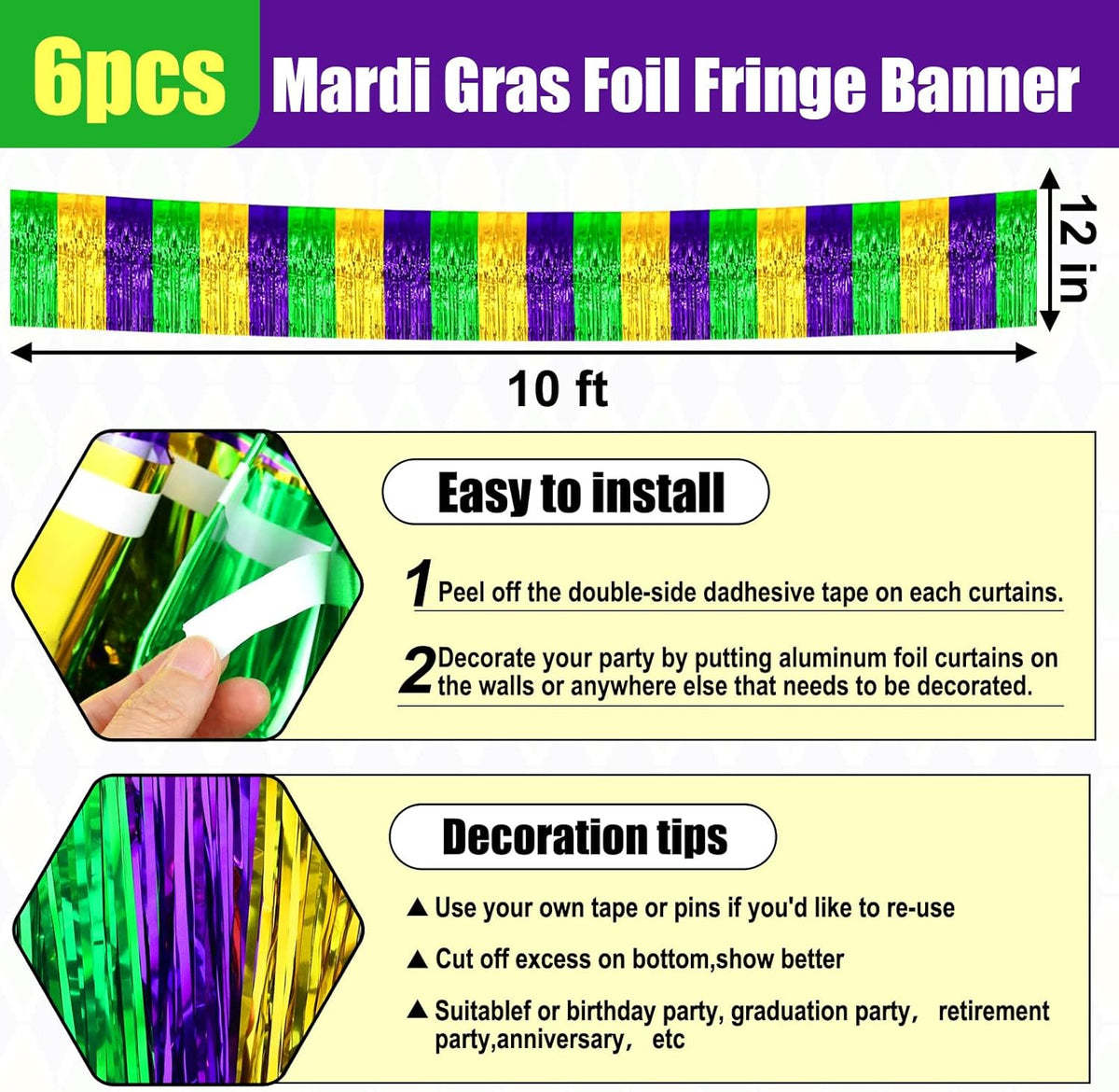 6 Pack 10 Feet Gold Green Purple Foil Fringe Garland Metallic Tinsel Streamers Banner Wall Hanging