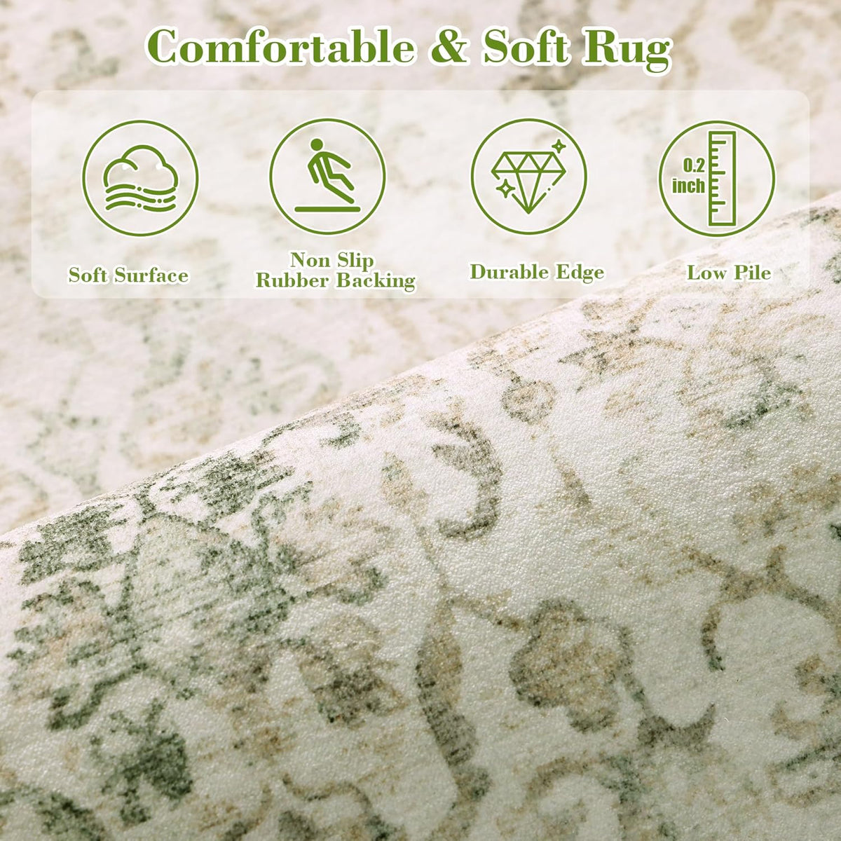 Green 2x6 Runner Rug for Hallways Bed Side Kitchen, Boho Washable Distressed Low-Pile Floor