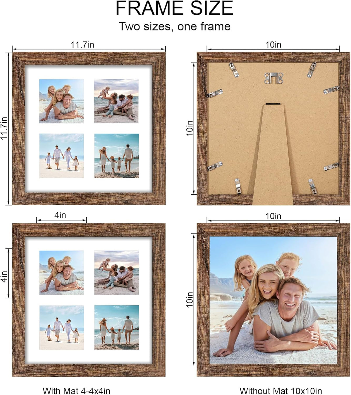 10x10 Picture Frame Set of 2, Real Glass and Rustic Brown Collage Frame, Display Pictures Four