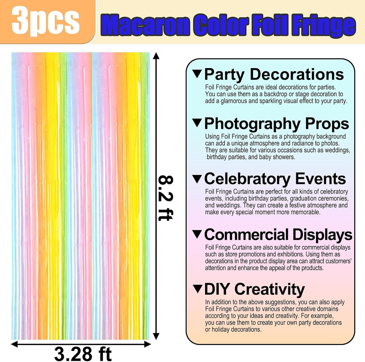 3 Pack Rainbow Foil Fringe Curtain Backdrop, 3.28Ft x 8.2Ft Metallic Tinsel Foil Fringe Streamer