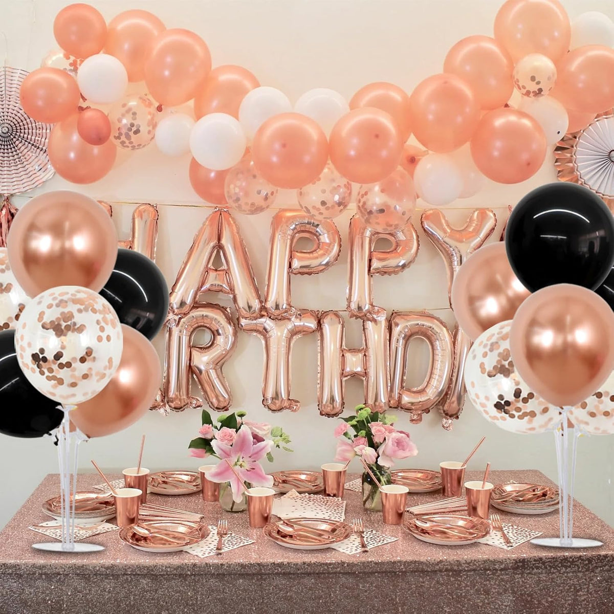 TONIFUL Black and Rose Gold Balloon Centerpieces for Table,Balloon Stand Kit for