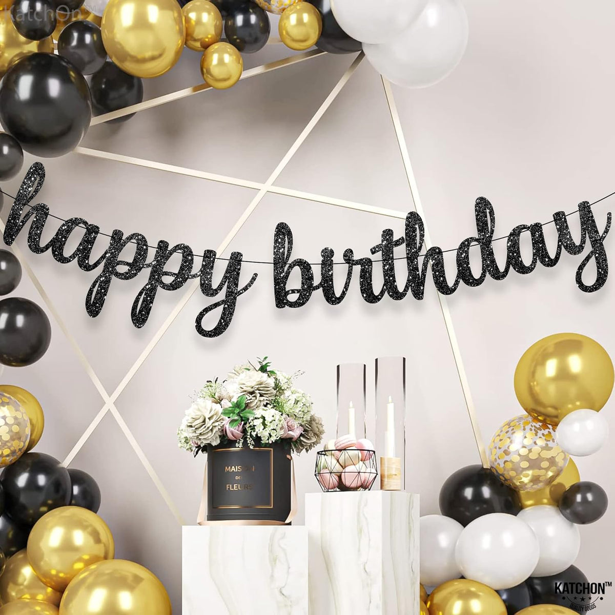 KatchOn, Glitter Cursive Black Happy Birthday Banner - Pre-Strung, 10 Feet | Happy Birthday Sign |