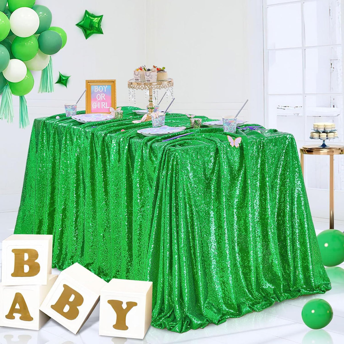 QueenDream 60x102 Inches Green Table Clothes for Parties Birthday Wedding Sequin Tablecloth Cake