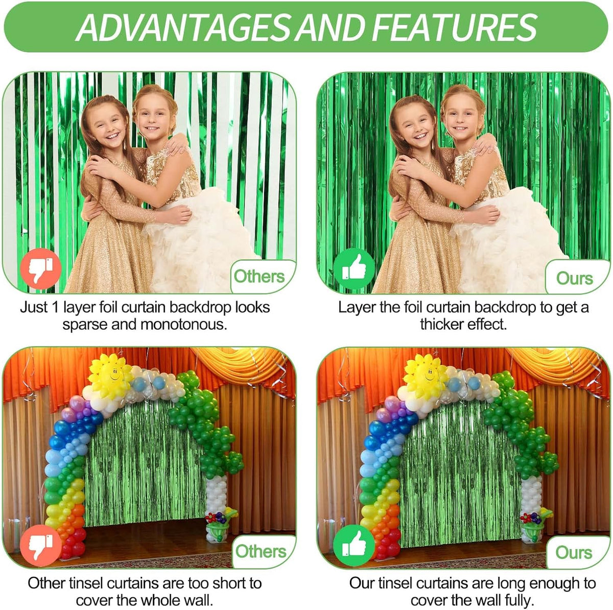 Crosize 2 Pack 3.3 x 9.9 ft Green Foil Fringe Backdrop Curtain, Streamer Backdrop Curtains