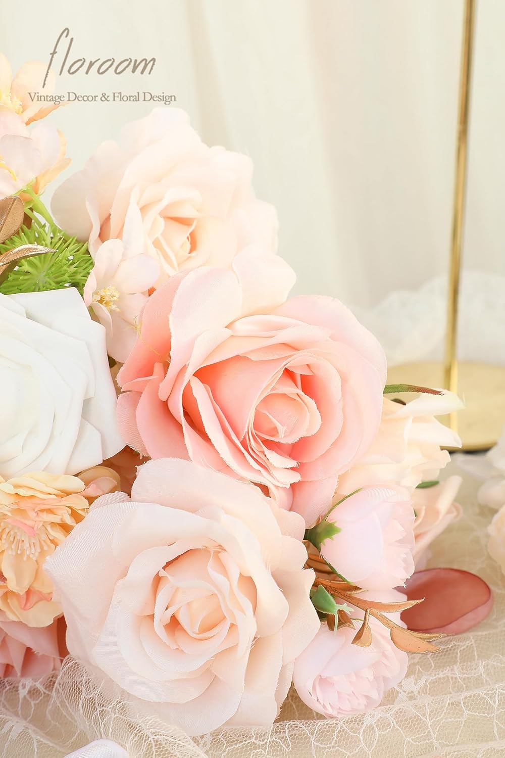 Floroom Blush Peach Pink Artificial Flowers Cream Fake Roses Peonies and Greenery Combo Box Set for