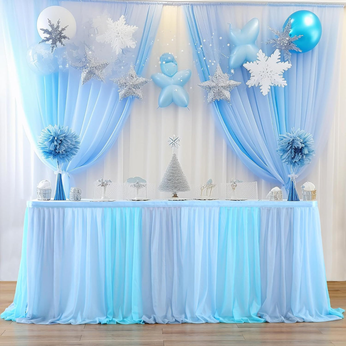 Frozen Theme Party Tulle Table Skirt for Rectangle Tables 6ft Ocean Blue Ruffle Tutu Table Cloth