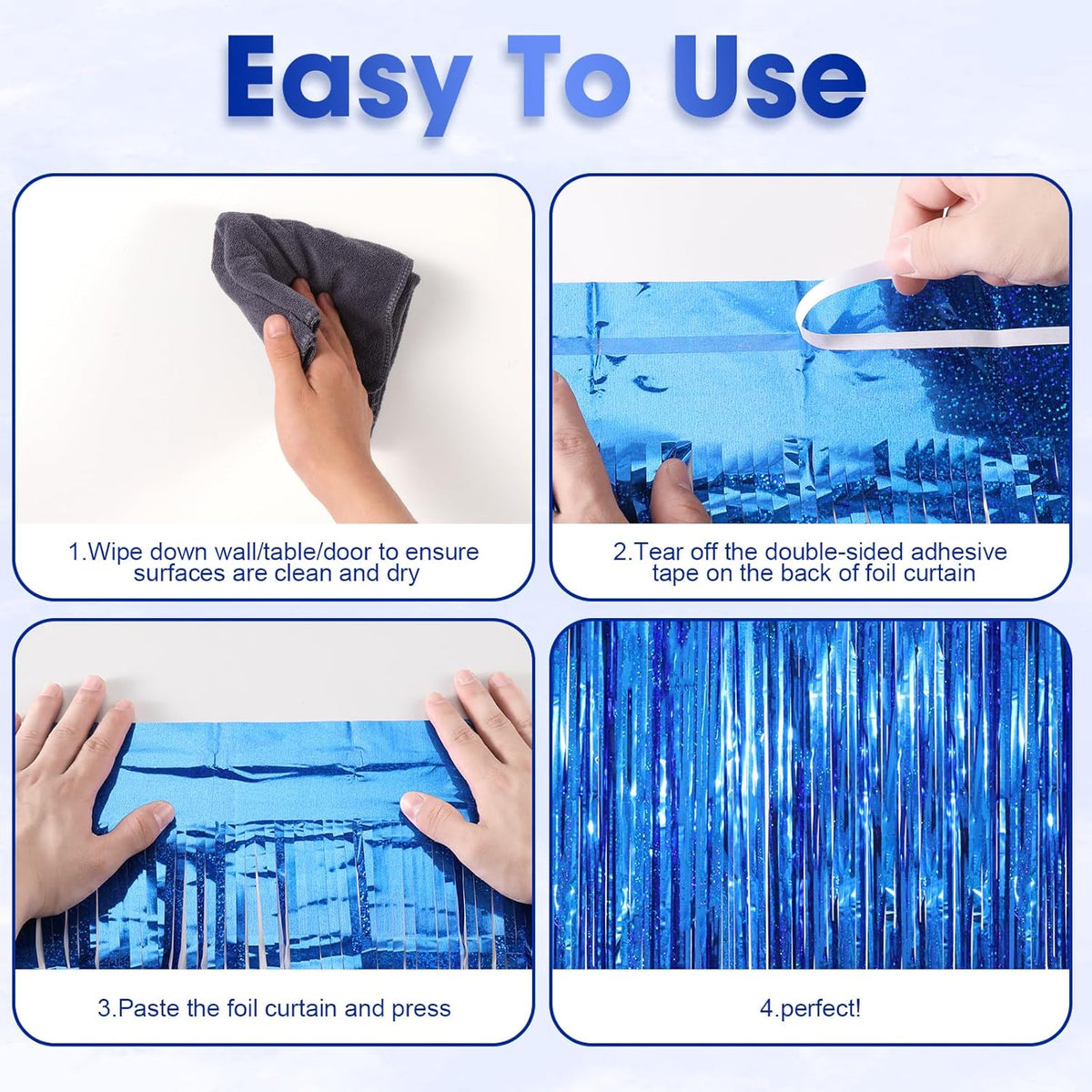 2 Pack Blue Tinsel Foil Fringe Curtains, Blue Party Decorations, Metallic Tinsel Party Streamers