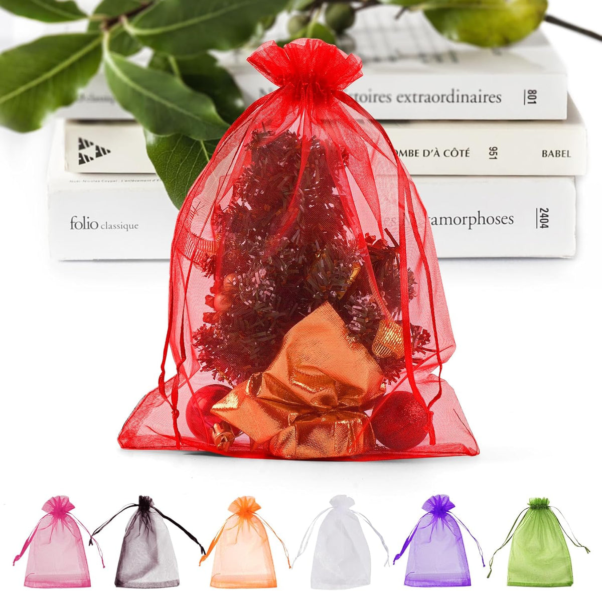 ANZNKU 50 Pack Red Organza Bags 6x9 inches Mesh Bags Drawstring, Sheer Mesh Bag Drawstring, Gift