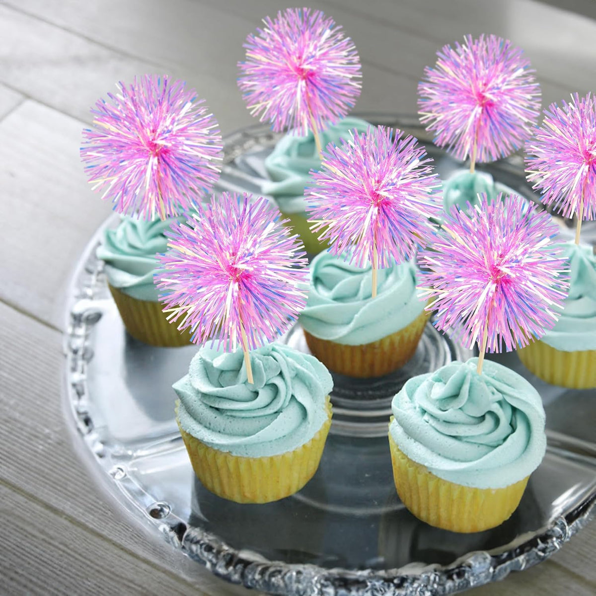 Ephlyn 30Pcs Foil Firework Cupcake Toppers Party Birthday Cake Toppers Supplies Sparkle Tinsel