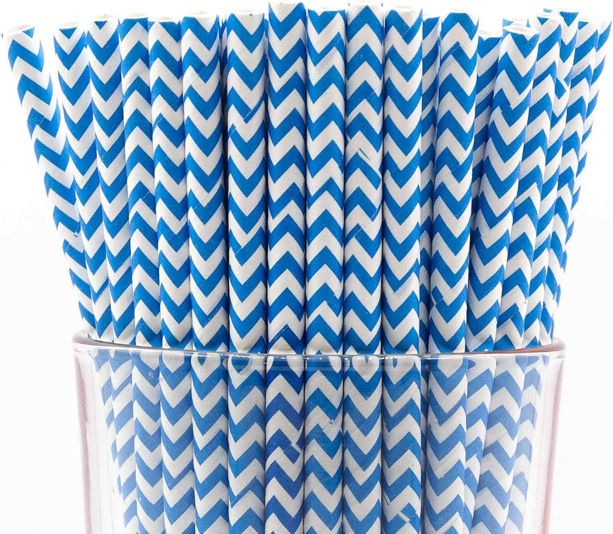 Pack of 300 Sky Blue Chevron Biodegradable 4-Ply Paper Drinking Straws (Compostable, Non-toxic