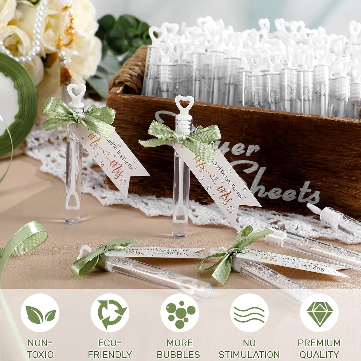 405 Pcs Wedding Bubbles Wands Set Include Heart Bubble Wands Bubbles Send Off Cards Gift Tags Wood