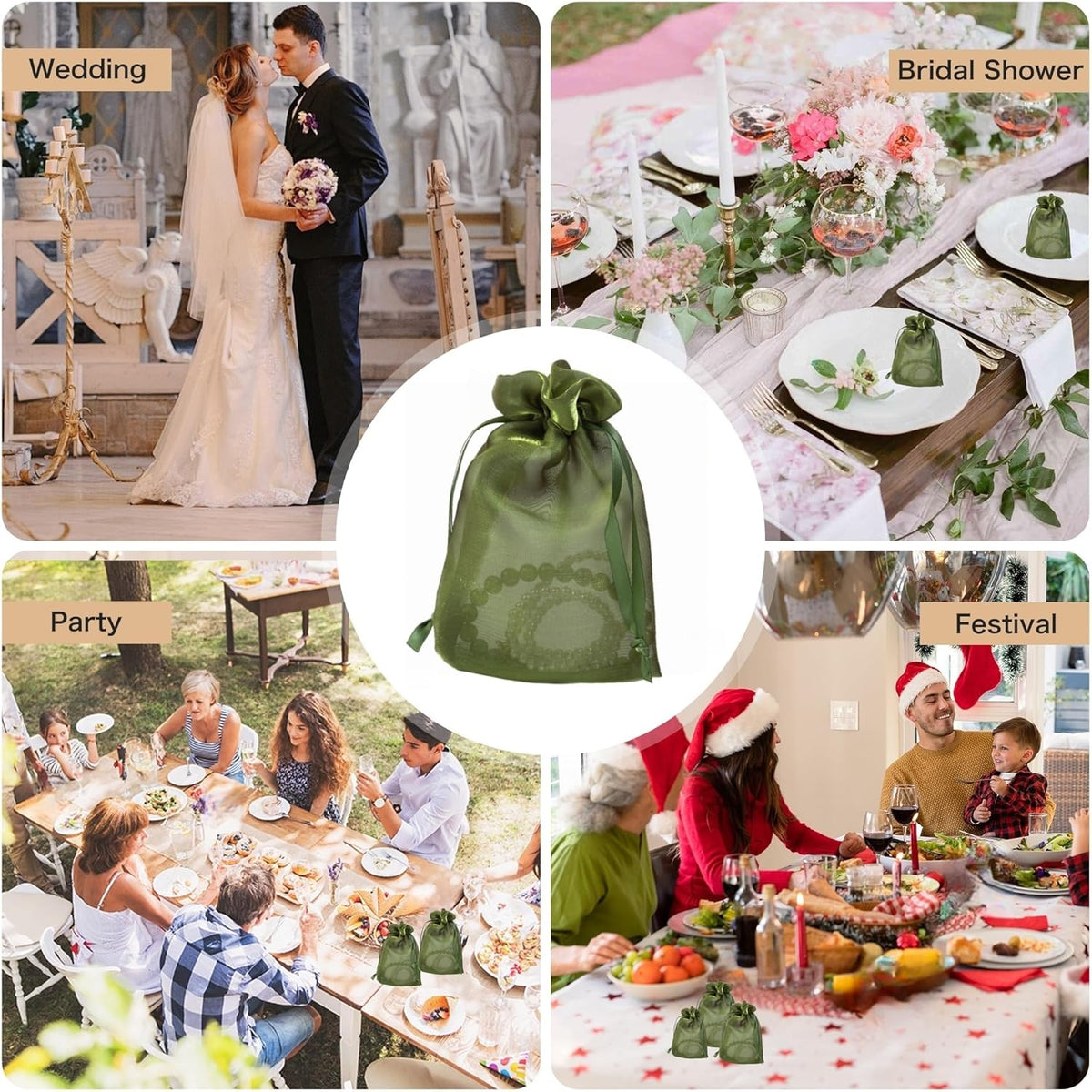 20 Pcs Moss Green Organza Bags 6X9 inch for Wedding Favors with Drawstring, Large Semi Sheer Mesh