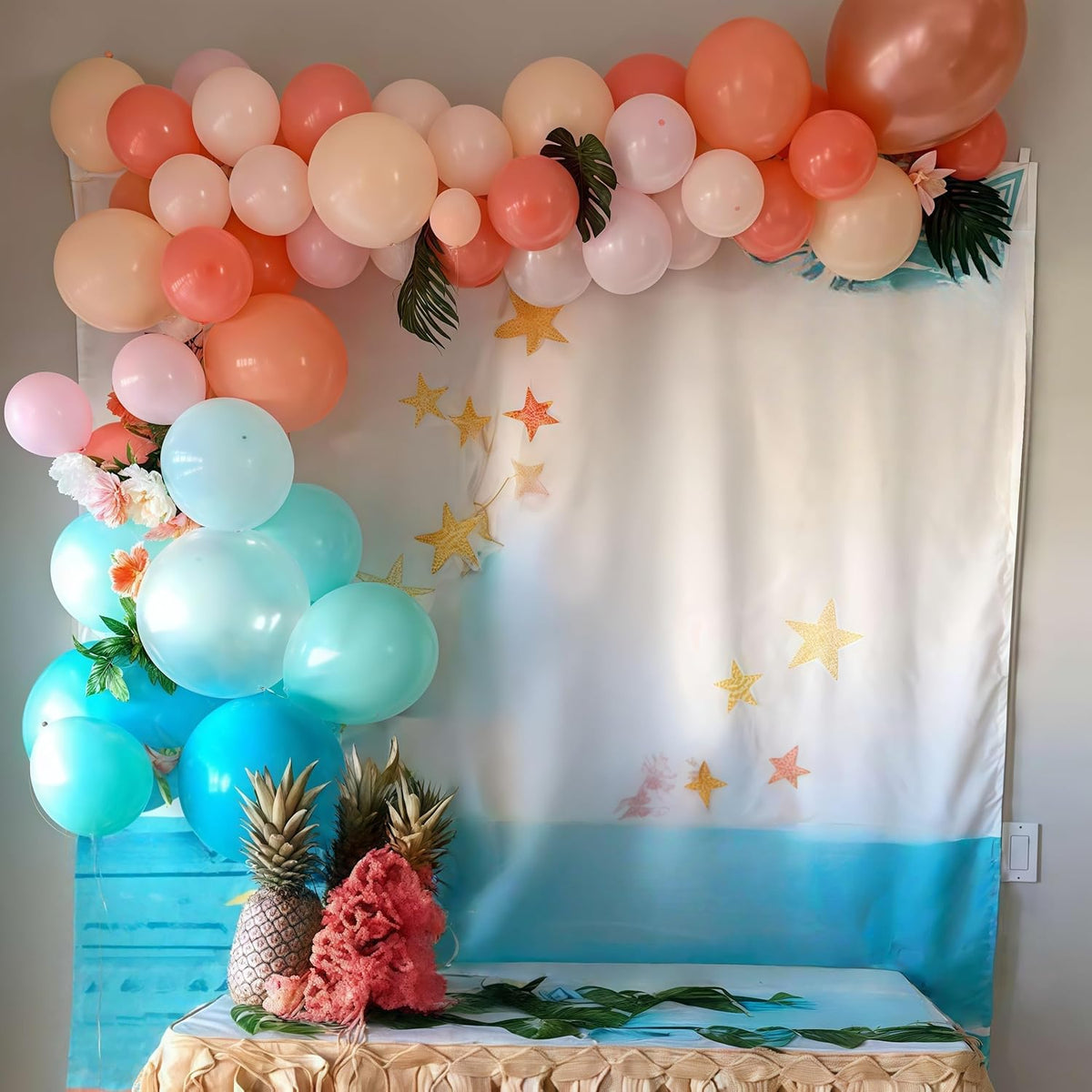 Hawaiian Balloons Set, Pack of 60 12 Inch Orange Teal Blue Light Green Chrome Rose Gold Confetti