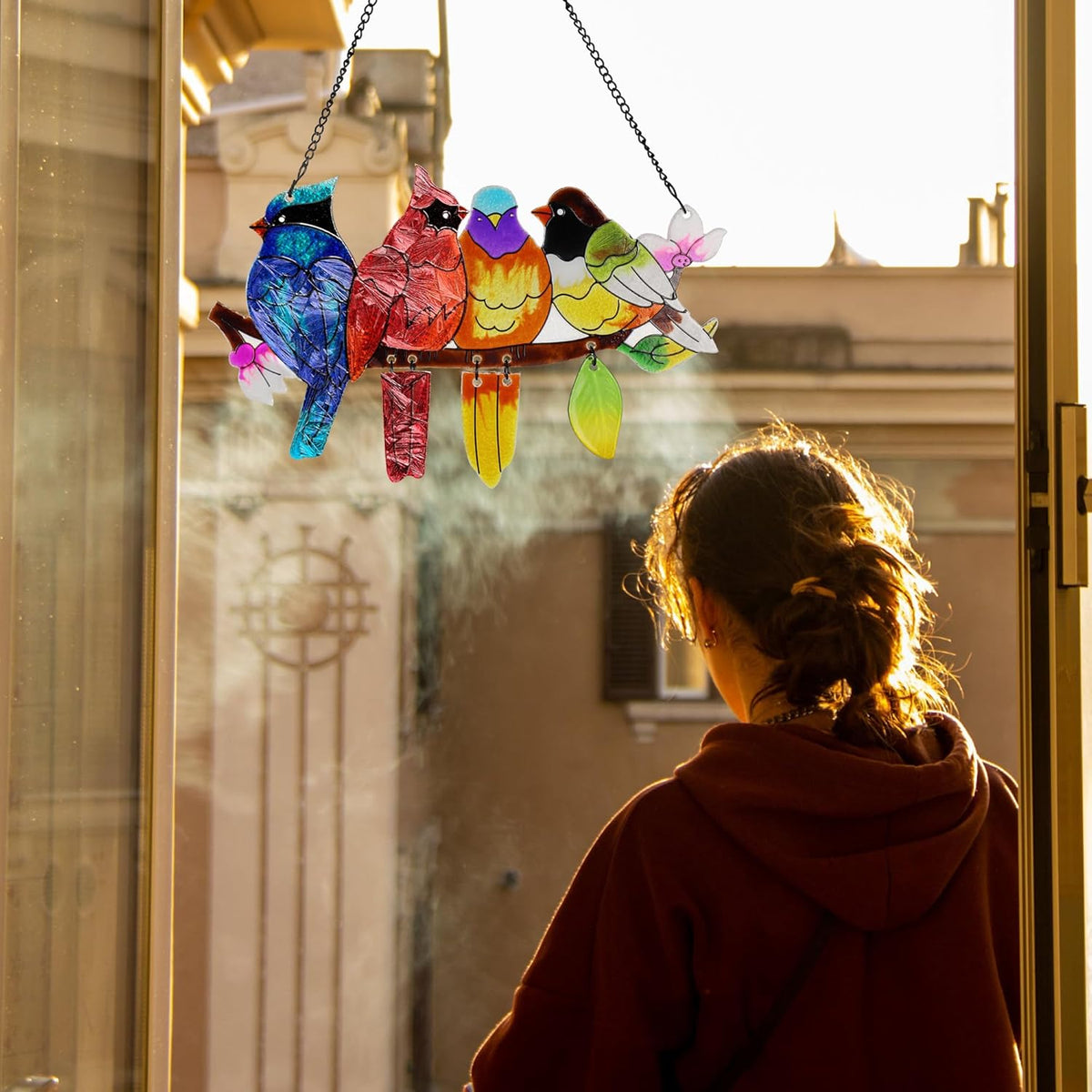 Stained Glass Window Hanging, Birds on A Branch Stain Glass Suncatcher, Hand-Painted Sun Catchers
