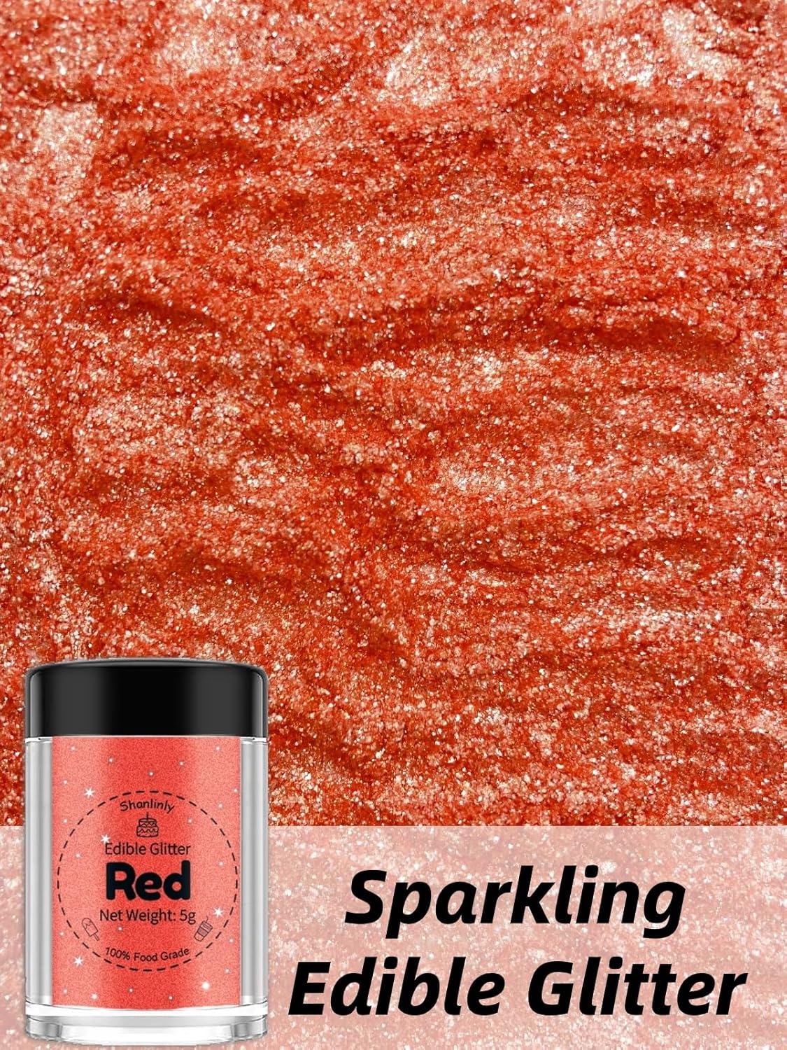 Shanlinly Red Edible Glitter for Cakes Drinks - Food Grade 5g Shimmer Luster Glitter Dust Edible