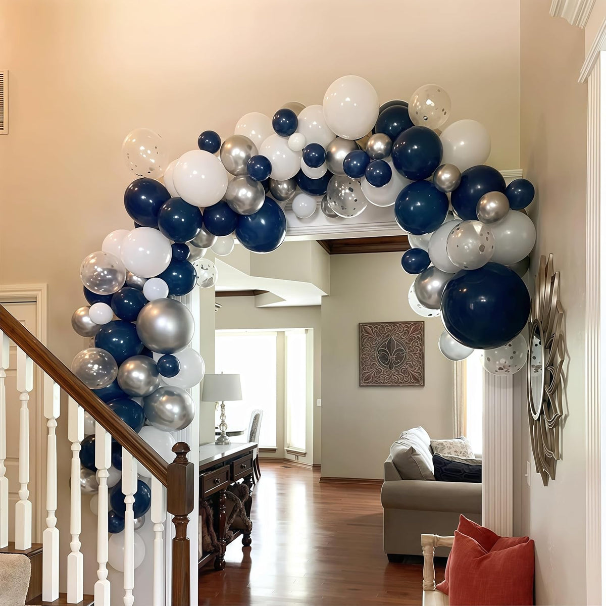 Navy Blue and Silver Balloons, Pearl Navy Blue Metallic Silver Latex Balloons Set Decor with 12