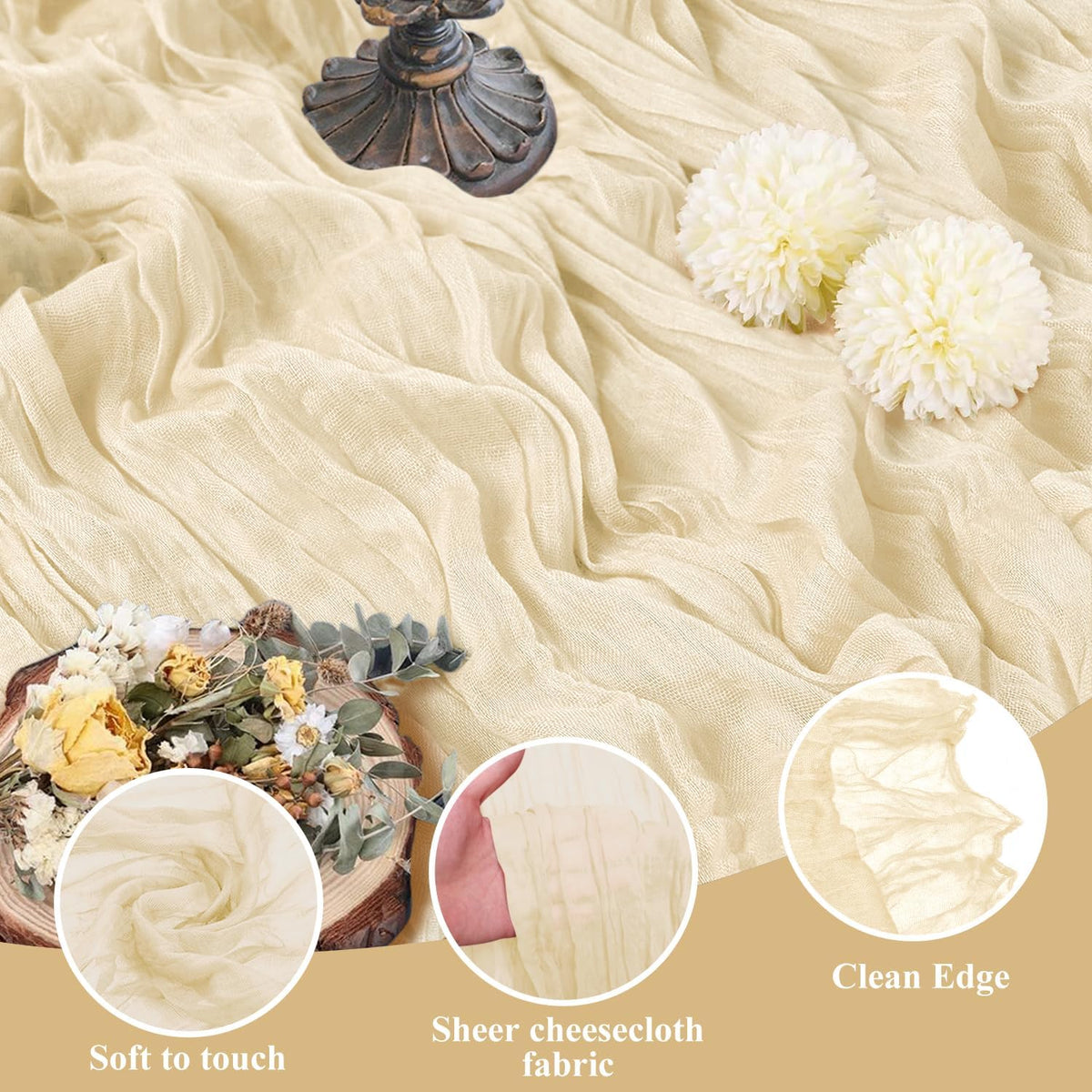 Asee'm 6pcs Cheesecloth Table Runner 120 Inches Long Beige Boho Gauze Cheese Cloth Runner 10FT
