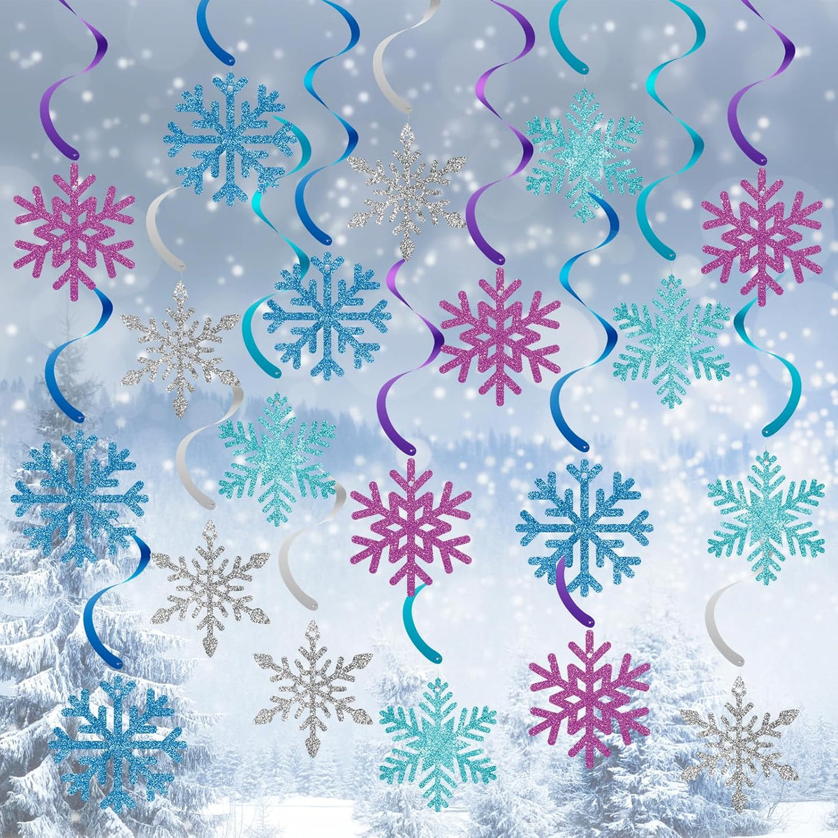 20 Pack Frozen Snowflake Hanging Decorations - Winter Snowflakes Hanging Swirls Ceiling Streamers