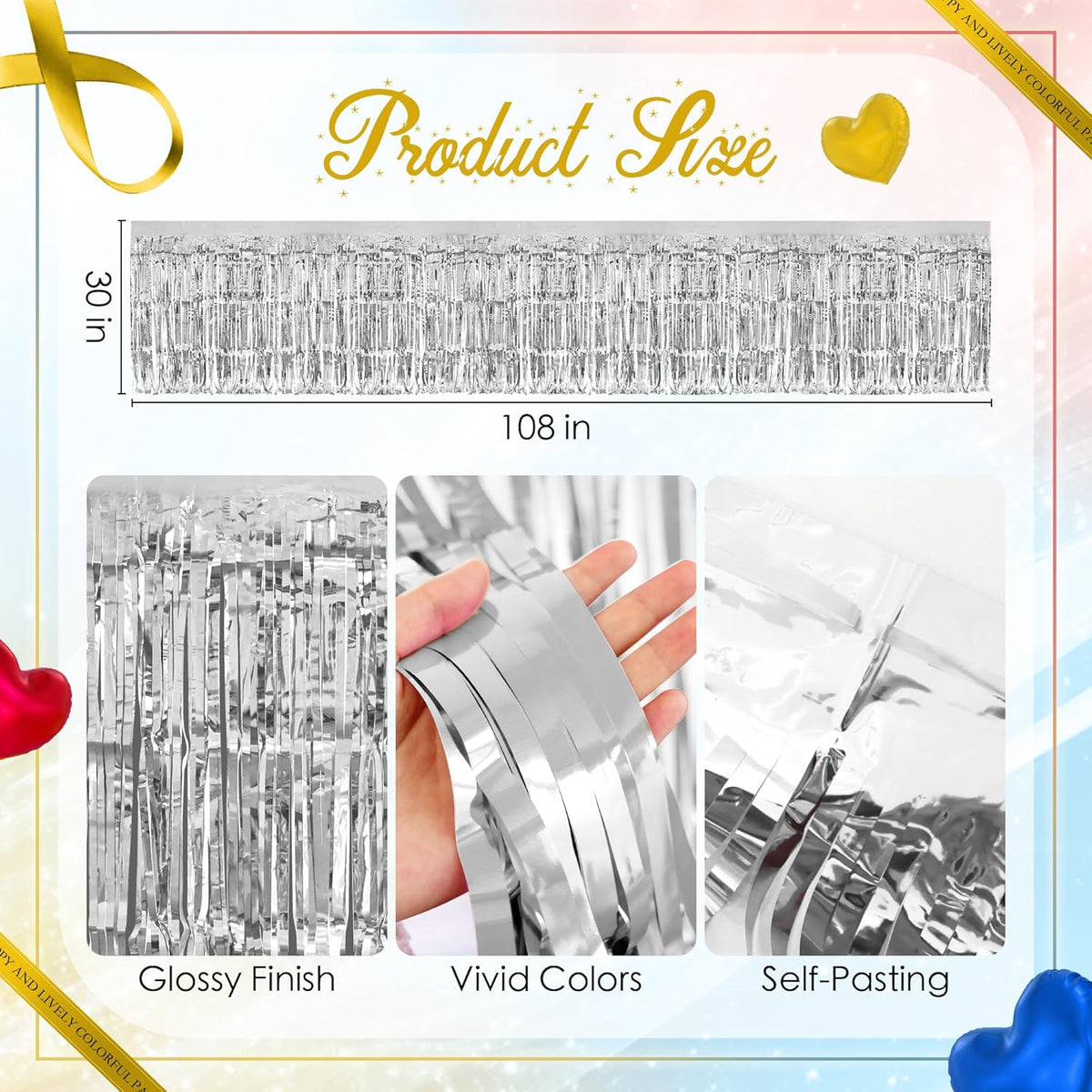 3 Pack Red Dark Blue Silver Table Skirts, 29x108" Metallic Foil Tinsel Fringe Table Skirt for