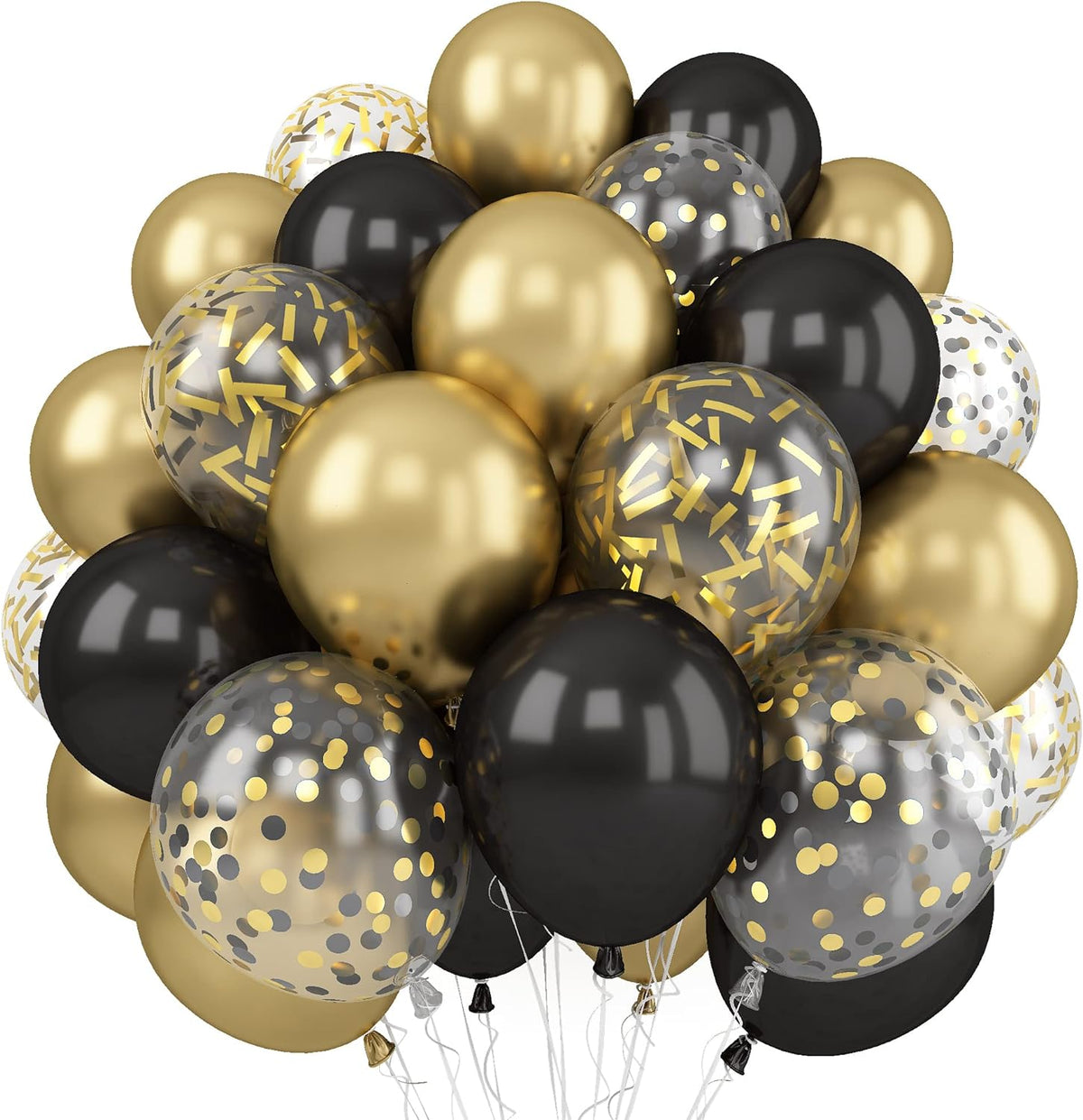 Balloons Black Gold, 60 Packs 12 Inch Black Metallic Chrome Gold Latex Balloons with Gold Confetti