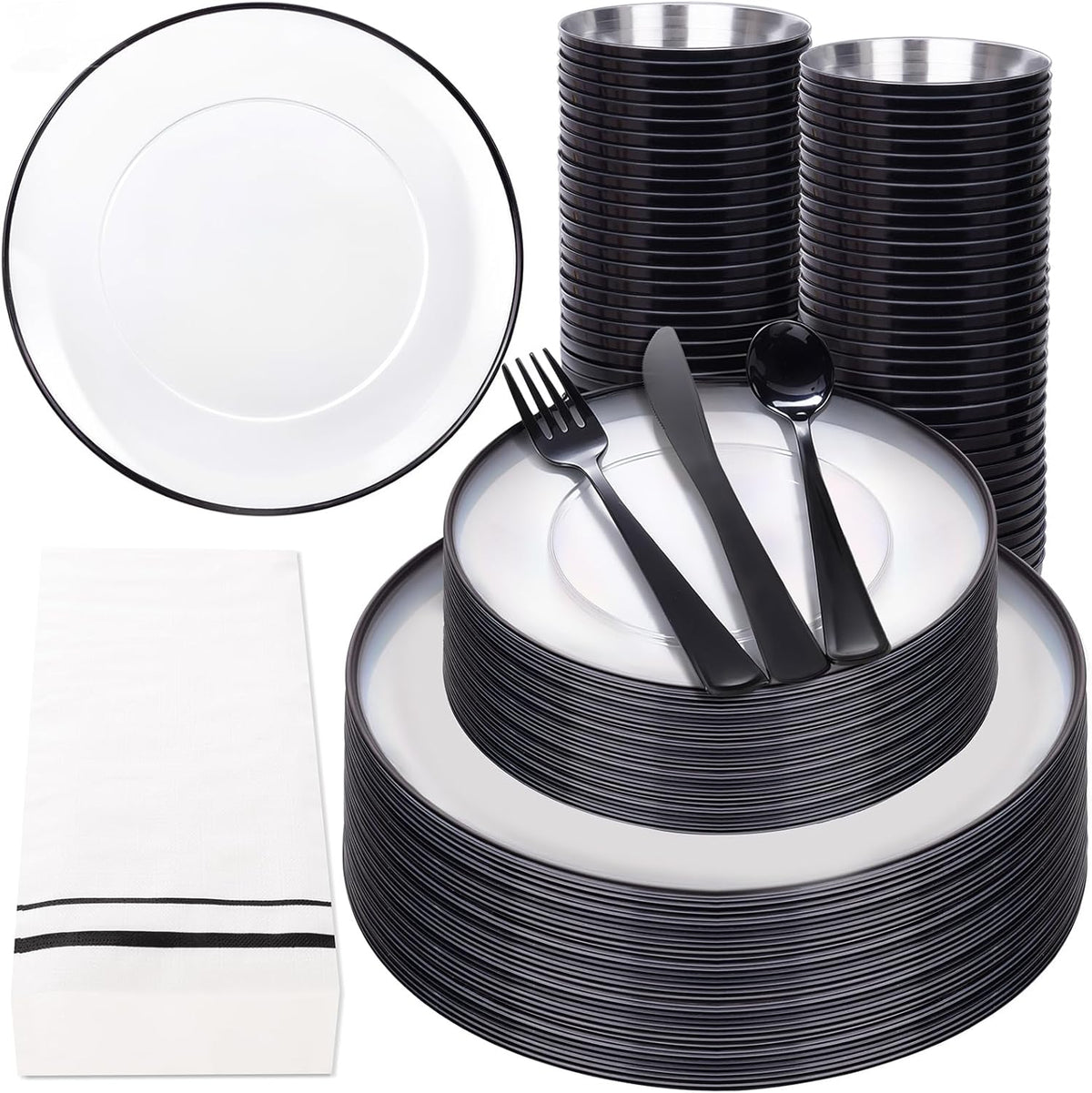 NOCCUR 350PCS Clear and Black Plastic Plates - Disposable Dinnerware Set for 50 Guests Include 100