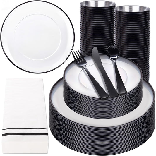NOCCUR 350PCS Clear and Black Plastic Plates - Disposable Dinnerware Set for 50 Guests Include 100