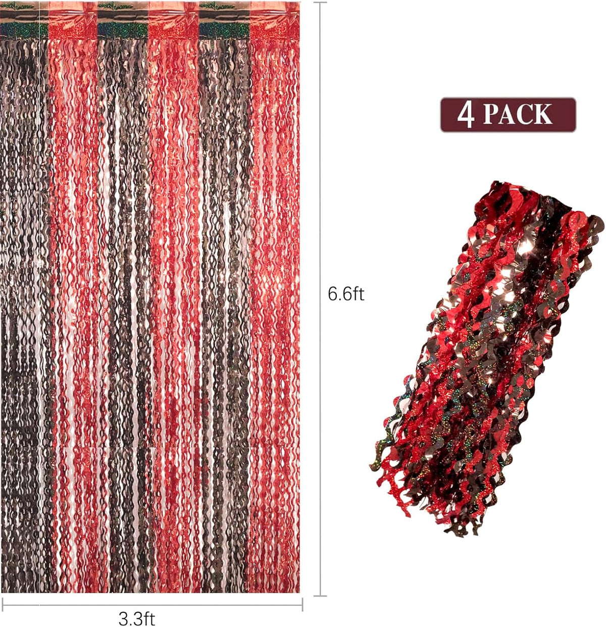 4 Pack 3.3x6.6 ft Red and Black Foil Fringe Backdrop Curtains - Wavy Tinsel Streamers Birthday